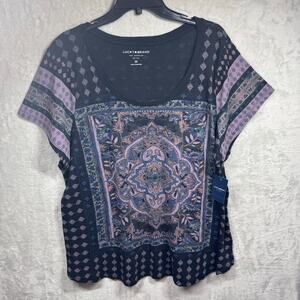 Lucky Brand NEW Womens Blouse/Top Plus 3X Short Sleeve Multicolor Print Pullover